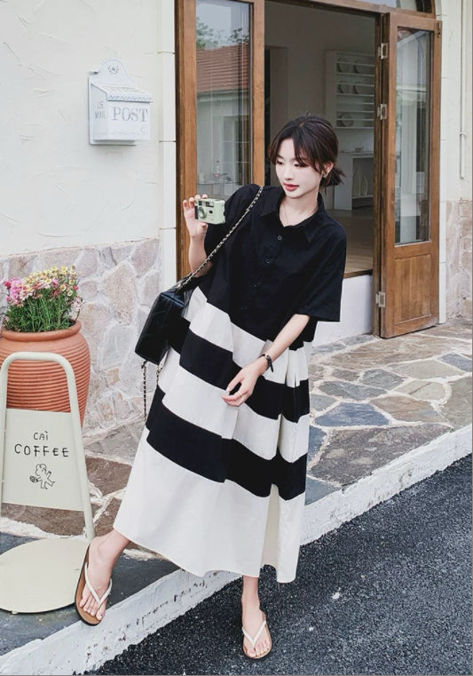 條紋拼接襯衫裙