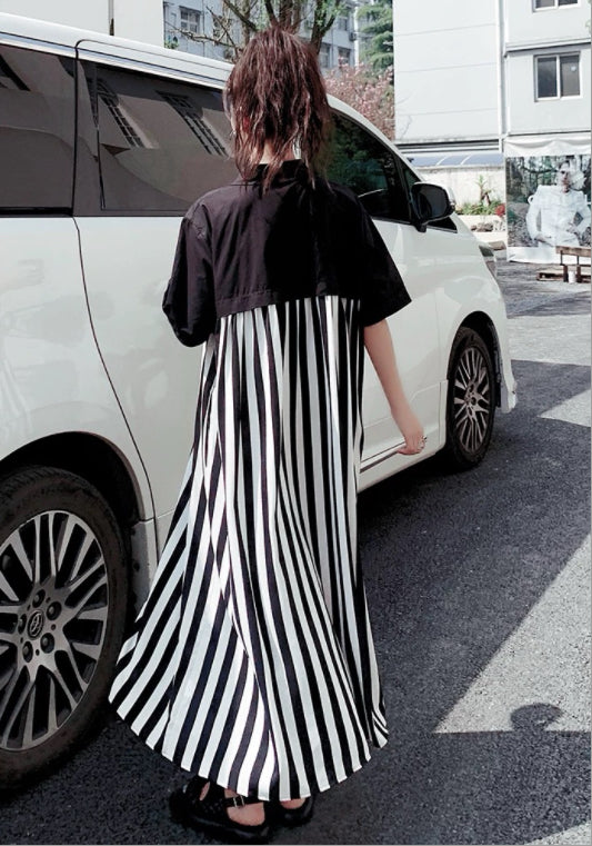 條紋拼接襯衫裙