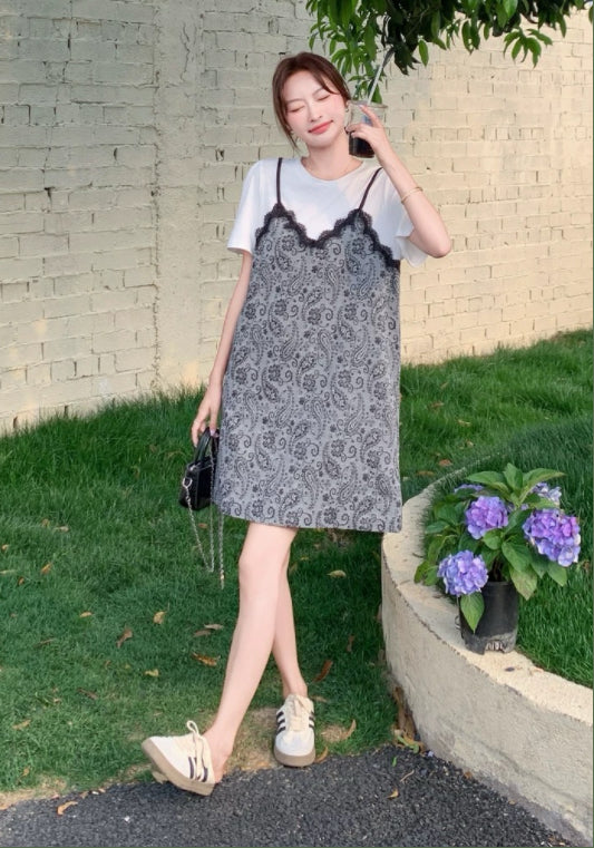 假兩件花紋T恤裙