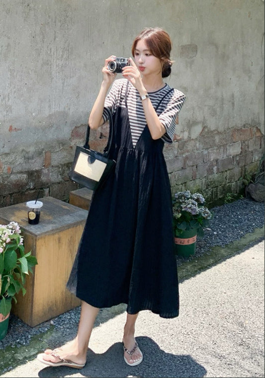 寬鬆條紋拼接裙