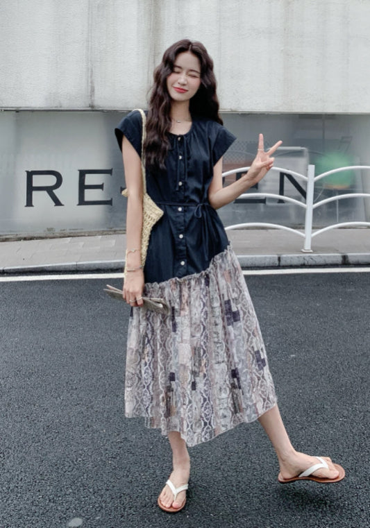 天絲牛仔拼接裙