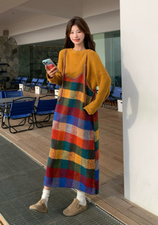 彩條紋背帶裙兩件套