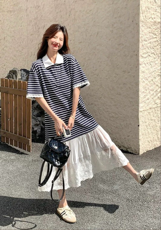 條紋蕾絲拼接裙