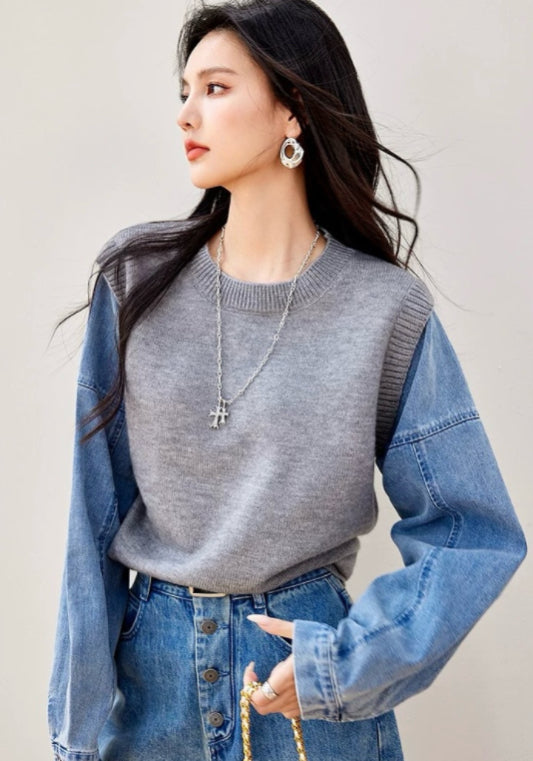 會藍牛仔拼接衛衣