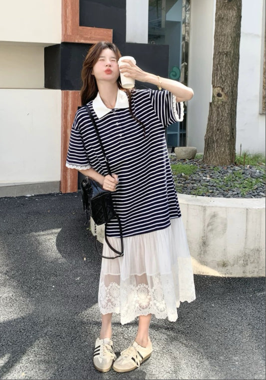 條紋蕾絲拼接裙