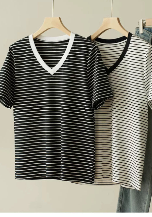 V領條紋T恤