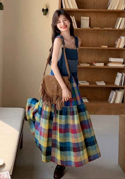 彩色格子背帶裙