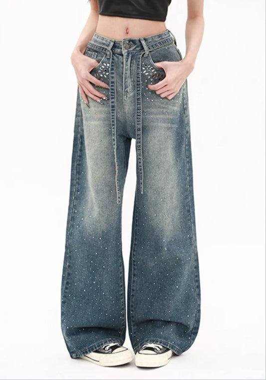 復古藍滿鑽牛仔褲