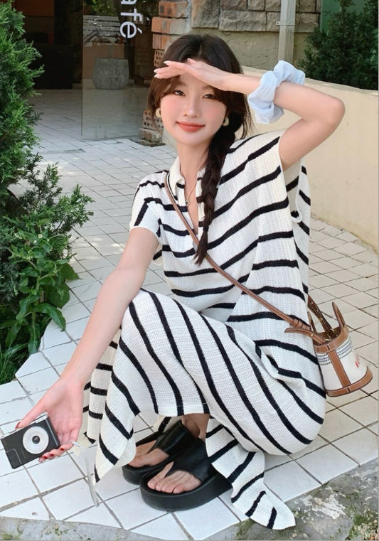 Polo領條紋連衣裙