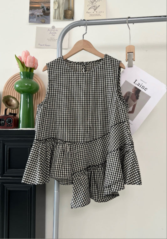 格子荷葉邊背心