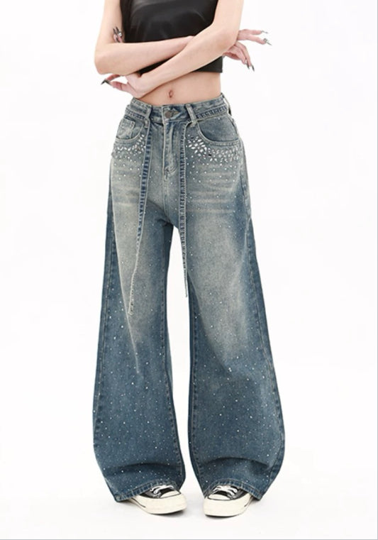 復古藍滿鑽牛仔褲