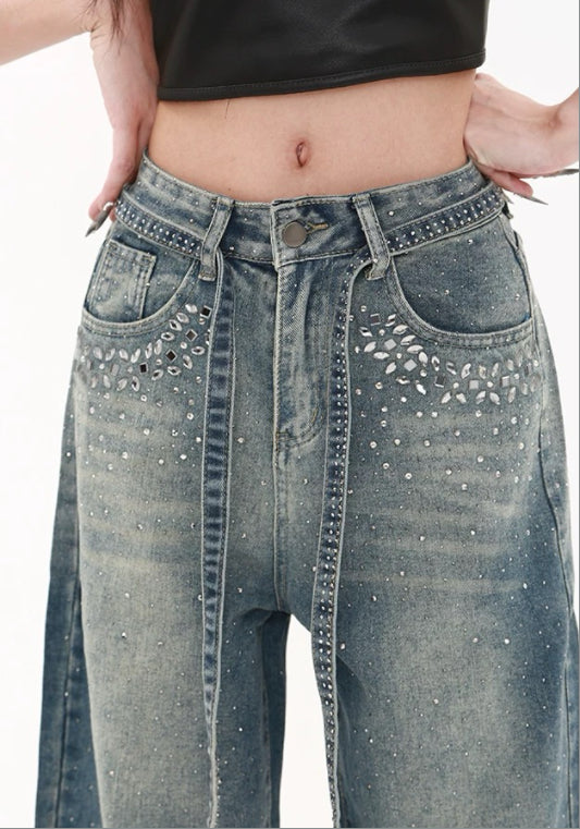 復古藍滿鑽牛仔褲