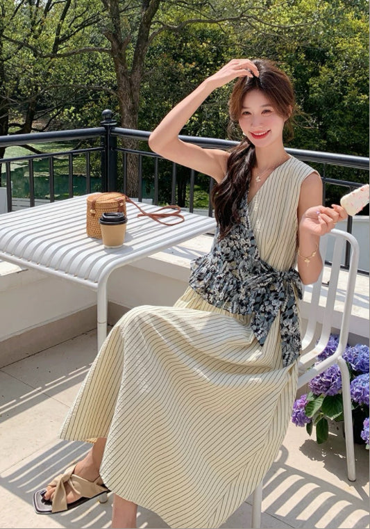 條紋碎花拼接裙