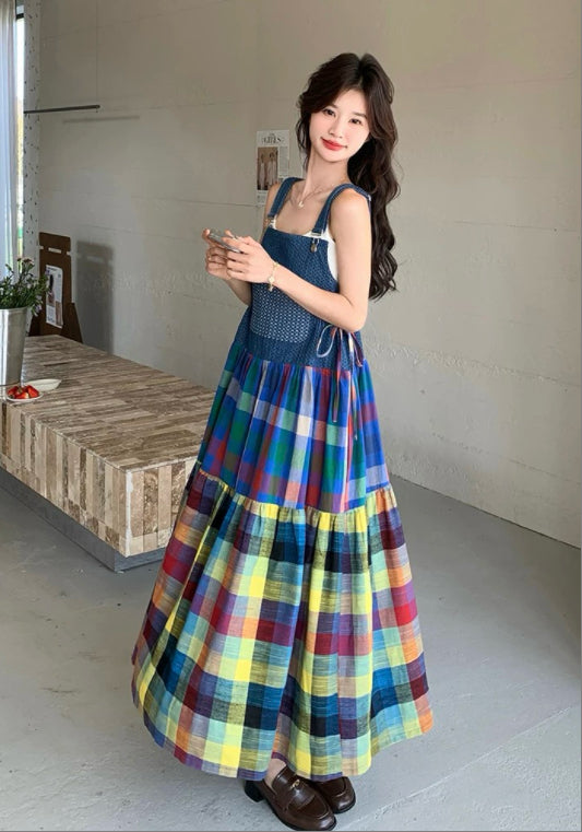 彩色格子背帶裙
